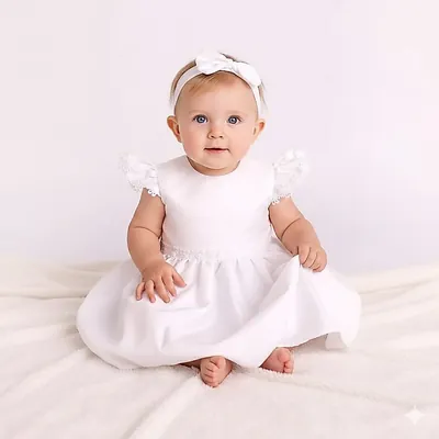 Bebê sentada em manta felpuda usando vestido branco com mangas de babado rendado e faixa de laço na cabeça