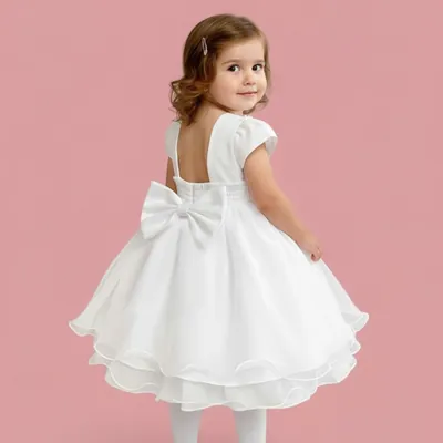 Bebê de costas com vestido branco de manga bufante, decote quadrado nas costas, laço grande e saia rodada em camadas