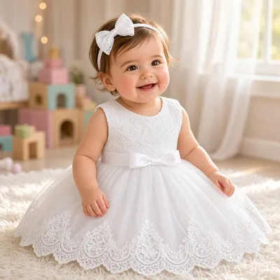 Bebê sentada em tapete felpudo usando vestido branco sem mangas com renda, laço na cintura e tiara de laço
