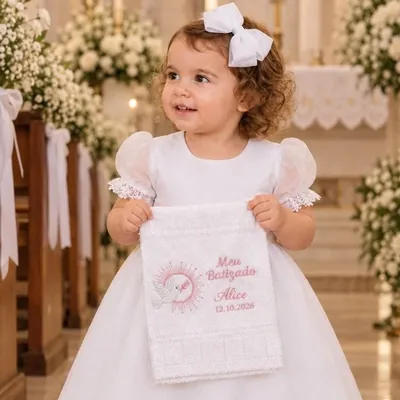 Menina de vestido branco com mangas bufantes transparentes segurando toalha bordada Meu Batizado em igreja florida