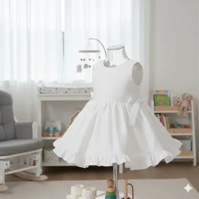 Vestido infantil branco sem mangas, com faixa de laço na cintura e babado na barra, num manequim em quarto de bebê