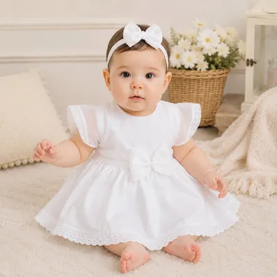 Bebê sentada sobre tapete claro usando vestido branco com laço na cintura, barra em lese e faixa de laço na cabeça