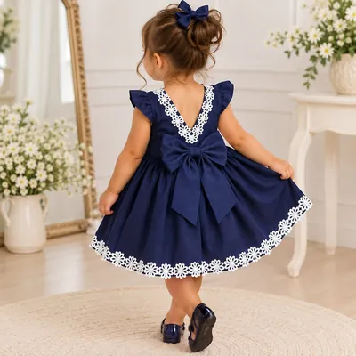 Bebê de costas usando vestido azul-marinho com laço grande, decote em V e barrado de flores brancas