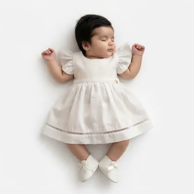 Bebê dormindo sobre fundo branco usando vestido branco com manga de babado, faixa vazada na saia e sapatinhos brancos