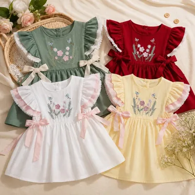 Quatro vestidos de bebê em verde, vermelho, branco e amarelo com bordado de flores, babados com renda e laços laterais