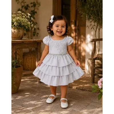 Menina pequena sorrindo com vestido branco de corpo rendado, cinto de pérolas, saia de três babados e sapatilha branca