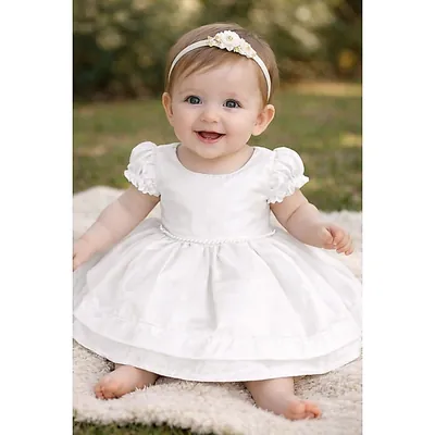 Bebê sentada sobre tapete felpudo ao ar livre usando vestido branco liso de mangas bufantes e faixa de flores no cabelo