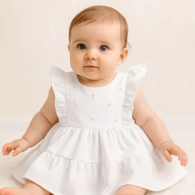 Bebê sentada com vestido branco de peitilho com pérolas, babados nos ombros e saia em duas camadas franzidas