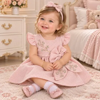 Bebê sentada com vestido rosa texturizado, laço grande bordado com flores, tiara de laço e sapatinho de verniz