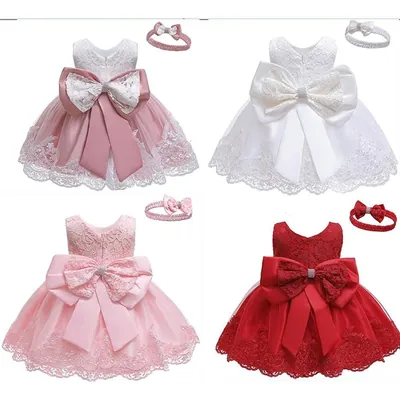 Vestido de bebê em quatro cores, rosé, branco, rosa-claro e vermelho, com laço grande, renda e tiara combinando