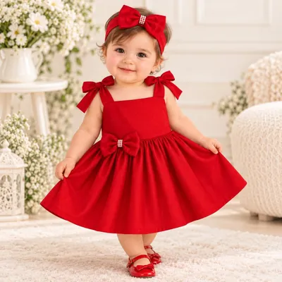Bebê de pé com vestido vermelho de alças com laços, laço na cintura e turbante vermelho com laço grande na cabeça