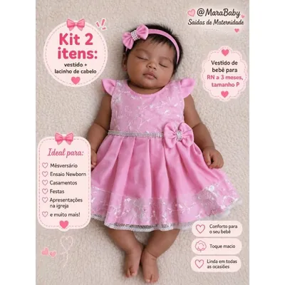 Bebê dormindo de vestido rosa com bordado branco, cinto de strass, laço lateral e faixa de cabelo rosa com laço