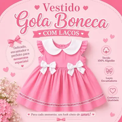 Vestido infantil rosa com gola boneca branca, mangas de babado, dois laços brancos na cintura e faixa vazada perto da barra