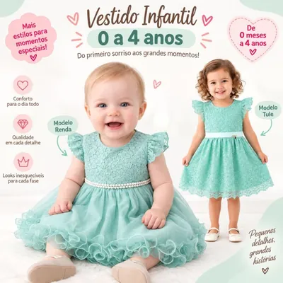 Bebê e menina pequena com vestidos verde menta de renda, um com saia de tule e cinto de pérolas, outro com faixa clara