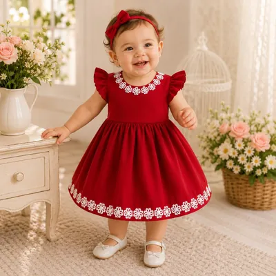 Bebê sorrindo com vestido vermelho de mangas de babado, flores brancas na gola e na barra e tiara de laço vermelho