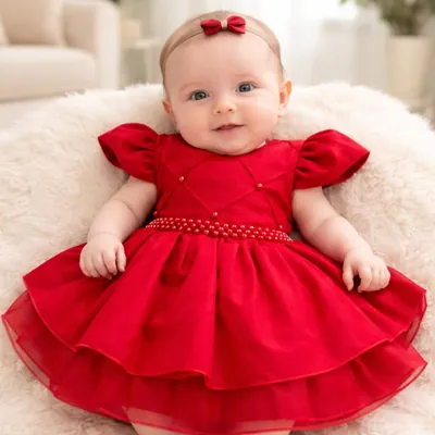 Bebê sentada em pelego branco usando vestido vermelho de manga bufante, cinto de pérolas e saia em camadas, com tiara de laço
