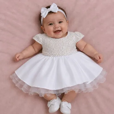 Bebê sorridente deitada em manta rosa usando vestido branco com corpo de renda, cinto de pérolas e saia com tule