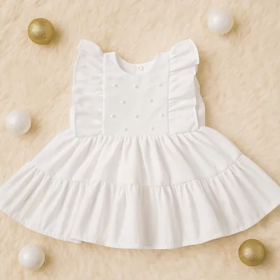 Vestido branco de bebê com pérolas no peito, babados e saia em dois andares, sobre tapete com bolas de Natal