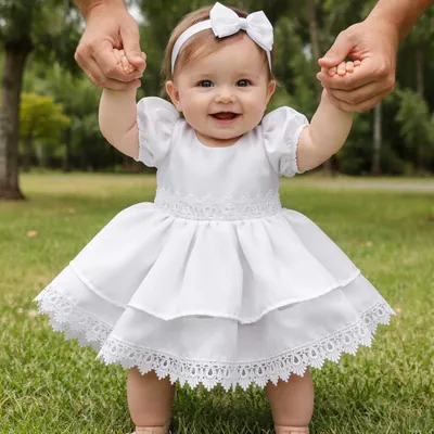 Bebê sorridente de vestido branco com mangas bufantes, saia em duas camadas com renda e laço na cabeça, na grama