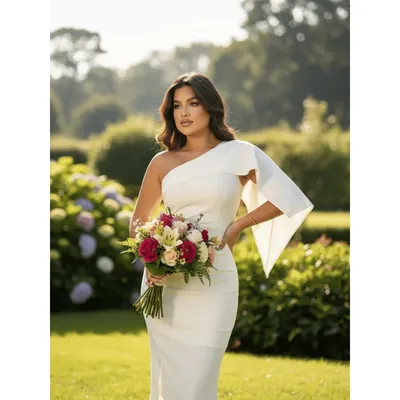 Mulher em jardim com vestido off-white justo de um ombro só, capa caindo do ombro e buquê de flores vermelhas e brancas