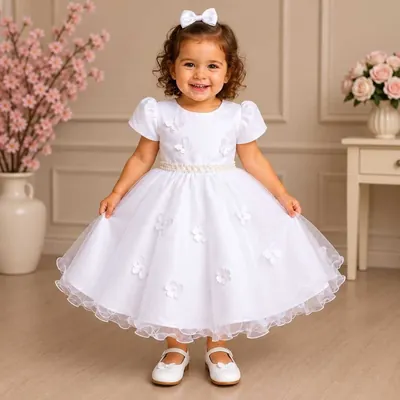 Menina pequena sorrindo com vestido branco de mangas bufantes, cinto de pérolas e saia de tule com flores aplicadas