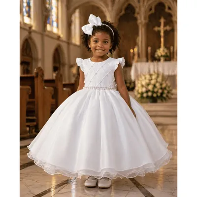 Menina no corredor de uma igreja com vestido branco rodado, mangas de babado, cinto de contas e laço grande no cabelo