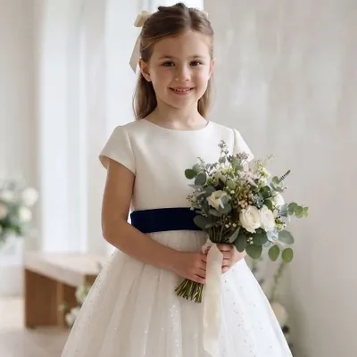 Menina com vestido off-white de manga curta, faixa azul-marinho na cintura e saia brilhante, segurando buquê de rosas