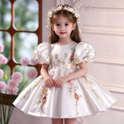 Menina com vestido de cetim marfim, mangas bufantes, flores bordadas coloridas, saia rodada e tiara de flores com pérolas