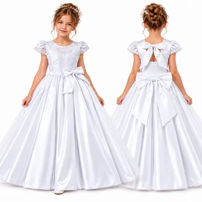 Menina de frente e de costas com vestido branco longo, saia acetinada rodada, manga bufante e grande laço nas costas