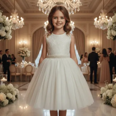 Menina sorrindo com vestido off-white sem mangas, corpo de renda, cinto de pérolas e saia de tule num salão de festa