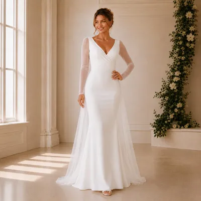 Noiva com vestido branco liso ajustado, decote V transpassado, mangas de tule e sobressaia transparente com cauda