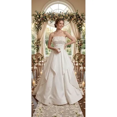 Noiva com vestido marfim tomara que caia, flores no busto e saia ampla em camadas, diante de arco de flores e janela