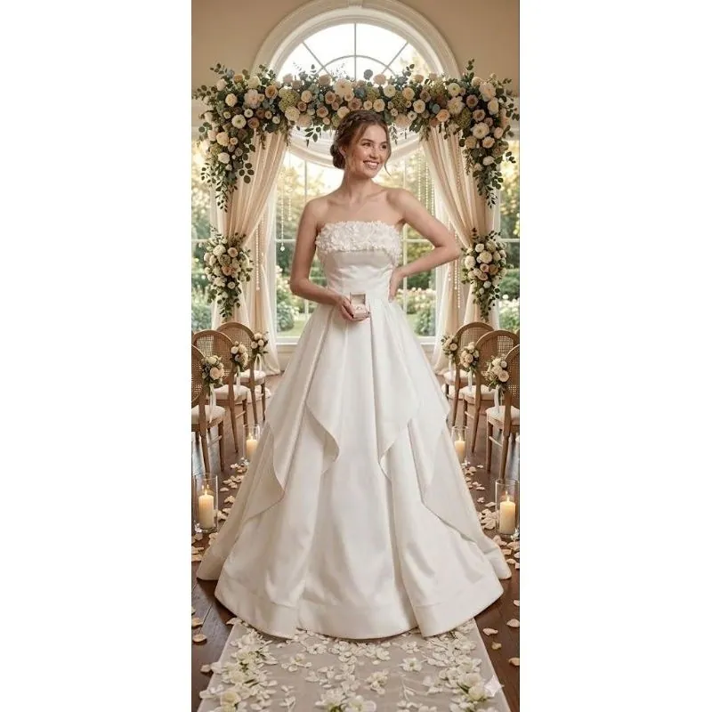 Noiva com vestido marfim tomara que caia, flores no busto e saia ampla em camadas, diante de arco de flores e janela