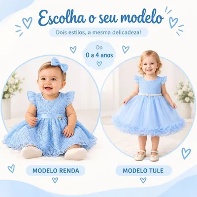 Bebê de vestido azul de renda com laço na cabeça e menina de vestido azul com saia de tule e cinto de perolinhas
