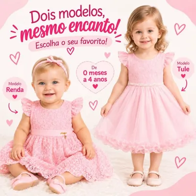 Bebê e menina usando vestidos rosa de festa, um todo em renda e outro com corpo de renda, cinto de pérolas e saia de tule