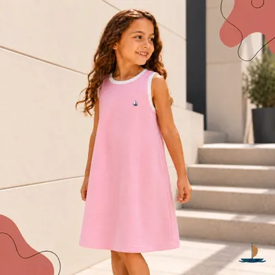 Menina sorrindo com vestido regata rosa evasê, debrum branco no decote e nas cavas e pequeno veleiro no peito