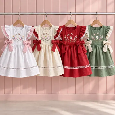 Quatro vestidos infantis em branco, creme, vermelho e verde com flores bordadas e laços laterais, pendurados em arara
