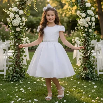 Menina com vestido branco de saia lisa rodada e cinto de pérolas, sob arco de flores brancas num casamento ao ar livre