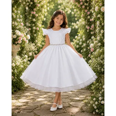 Menina sorrindo num jardim de rosas com vestido branco de manguinhas de babado, cinto de pérolas e saia rodada