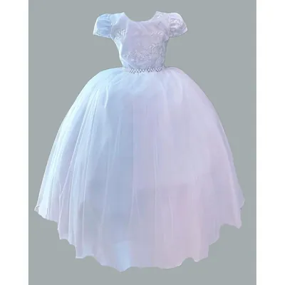 Vestido infantil branco longo com corpo bordado em relevo, mangas curtas bufantes, fio de pérolas na cintura e saia de tule