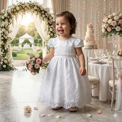 Menina pequena sorrindo com vestido branco longo bordado, mangas bufantes e cinto perolado, segurando buquê de rosas