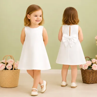 Menina pequena de frente e de costas com vestido branco trapézio sem manga e laço grande nas costas, entre cestas de rosas