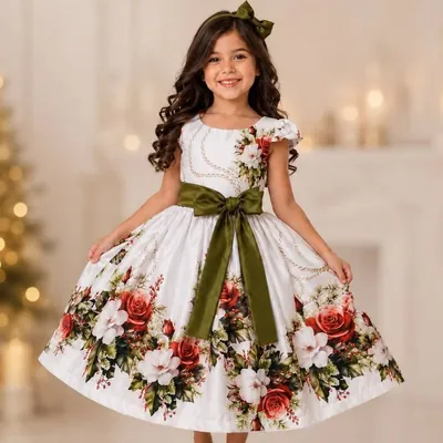 Menina com vestido branco estampado de rosas vermelhas, faixa e laço verde-oliva, árvore de Natal ao fundo
