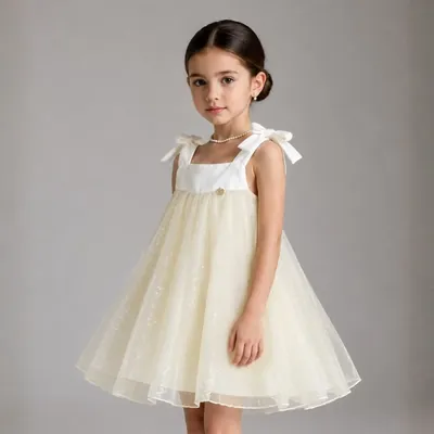 Menina de coque com vestido trapézio marfim de tule com brilho, faixa branca no busto e laços nas alças, colar de pérolas