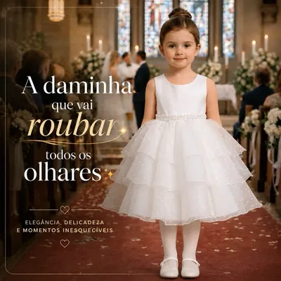 Menina num corredor de igreja com vestido branco midi sem mangas, cinto de pérolas e saia de três babados com pontinhos