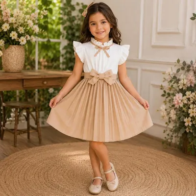 Menina com vestido de corpo branco e gola de babado, faixa com laço bege e saia plissada bege, sobre tapete de juta