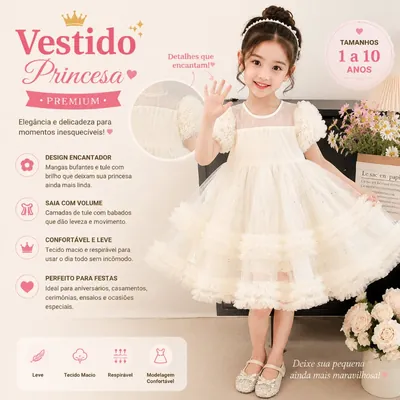 Menina sorridente com vestido princesa claro de tule, mangas bufantes e babados em camadas na saia