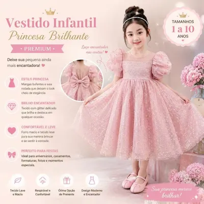 Menina com vestido rosa de tule com brilho, mangas bufantes e saia rodada; detalhe do laço grande nas costas