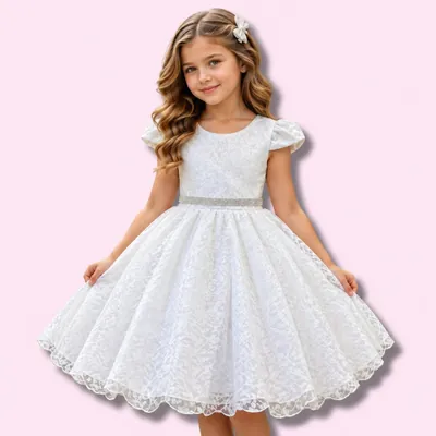 Menina com vestido branco de renda, manga bufante curta, cinto de strass na cintura e saia rodada até o joelho