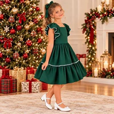 Menina de vestido verde com mangas de babado, laço verde no cabelo e sapato branco perto da árvore de Natal